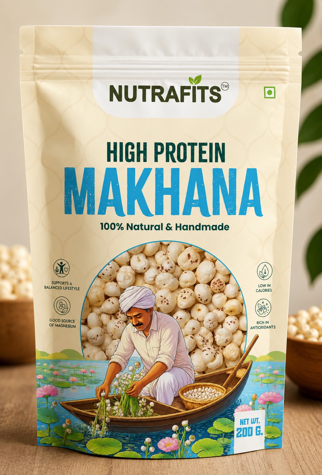 Nutrafits high protein makhana pouch with hand-harvesting artwork